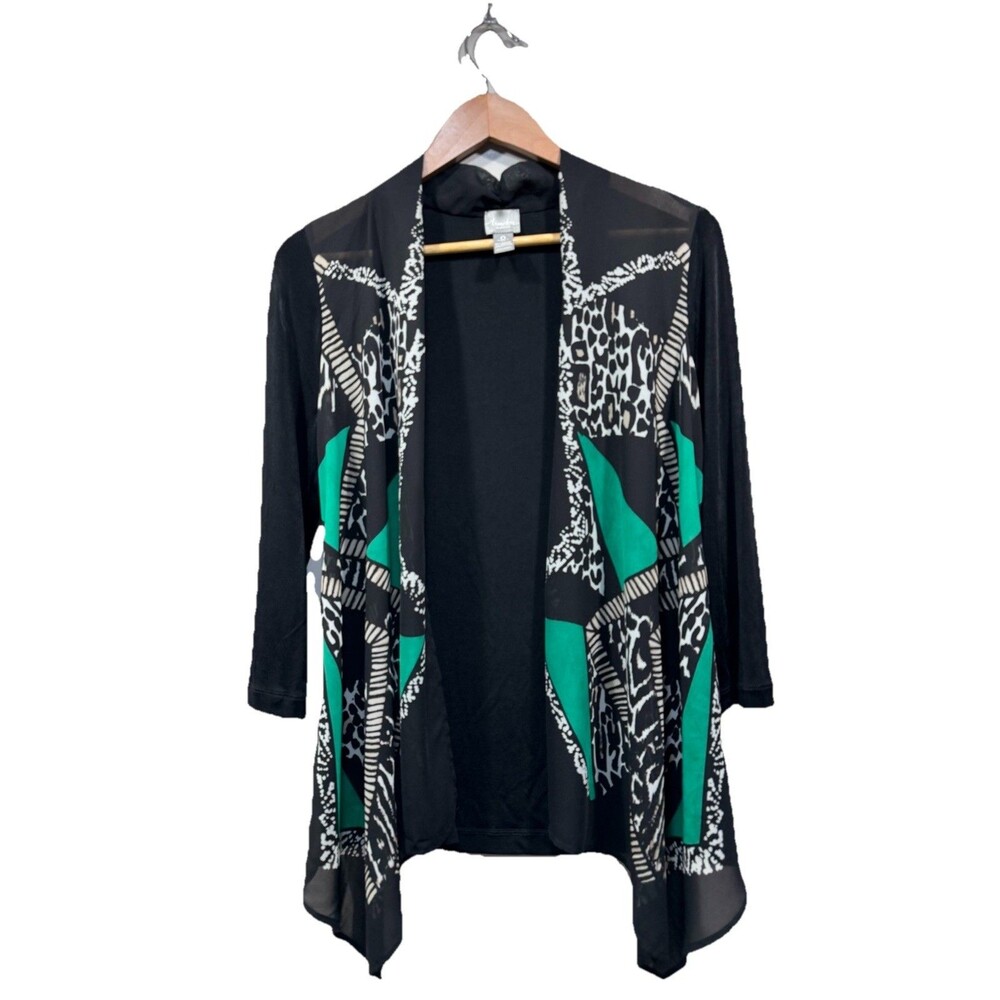 Chico's Women's Size 0 (S) Black Green Open Front 3/4 Sleeves Traveler Cardigan
